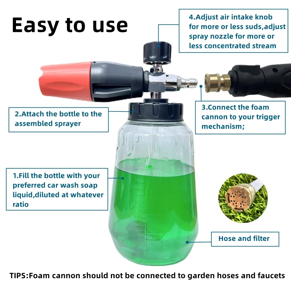 Foam Cannon Pressure Washer Wide Mouth - 1 Stück Verstellbare PA-Schaumkanone 1L Weithalsflasche
